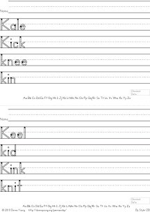 letter k words handwriting worksheets